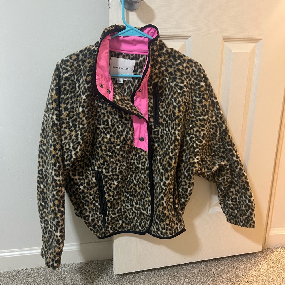 American Eagle Women’s Fleece Leopard Jacket with Pink Accents